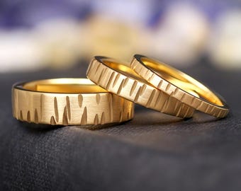 Platt guldvigselring – borstad volframring (2 mm-4 mm-6 mm), tunn hamrad ring för män och kvinnor, enkel och unik guldring, kuggad kant