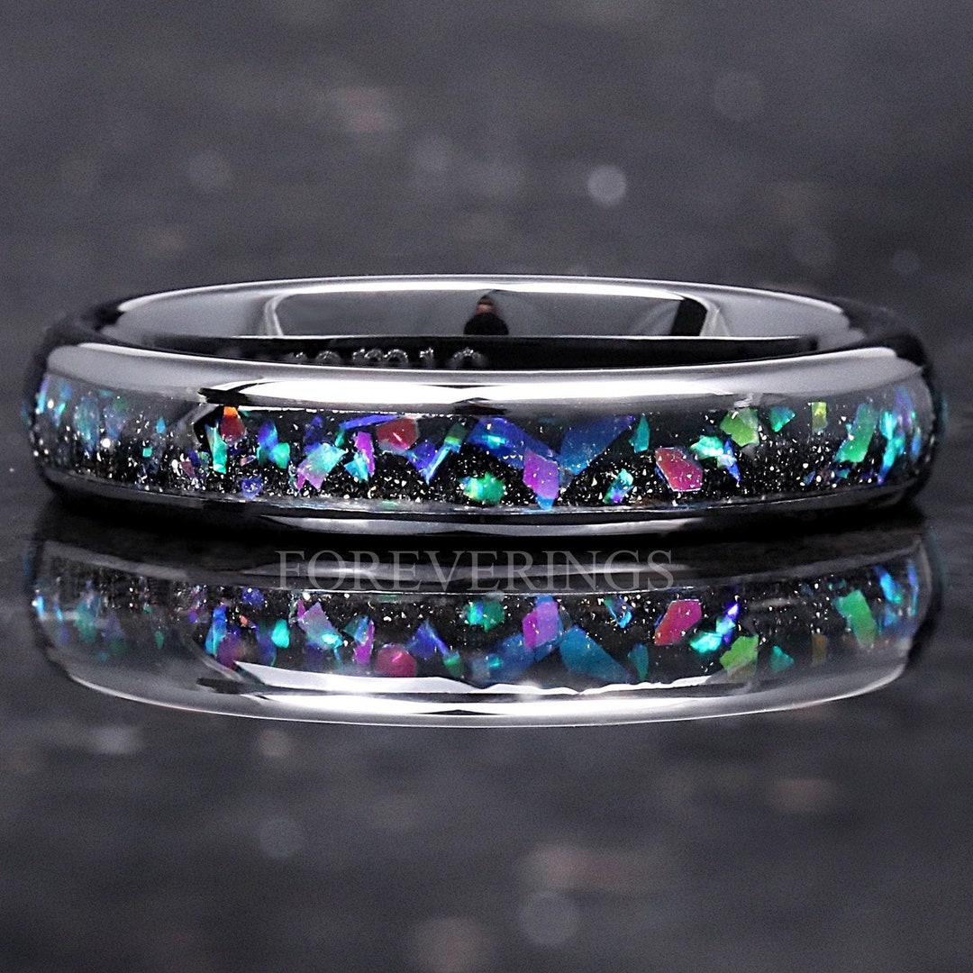 Ceramic Galaxy Opal Ring, 4mm Wedding Band, Women Men Ring, Black