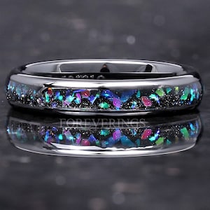 Anillo de cerámica con ópalo galáctico, alianza de boda de 4 mm, anillo para hombre y mujer, anillo de cerámica negra, cúpula, pulido, ajuste cómodo, regalo de aniversario de cumpleaños