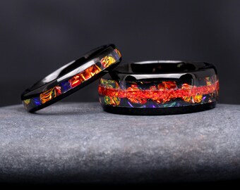 Tungsten Ring Set Fire Opal Wood And Opal Wedding Band Opal