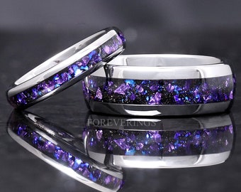 Crab Nebula Ring Set, His and Her Tungsten Wedding Band, 8mm & 4mm Silver Ring Set, Alexandrite Outer Space Ring, Polish, Dome, Comfort Fit