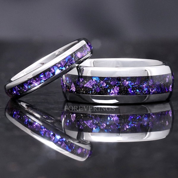 Crab Nebula Ring Set, His and Her Tungsten Wedding Band, 8mm & 4mm Silver Ring Set, Alexandrite Outer Space Ring, Polish, Dome, Comfort Fit