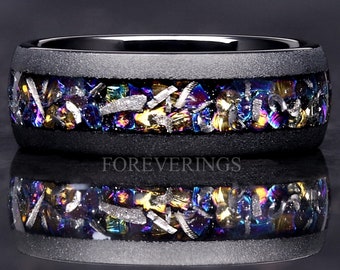 Meteorite Veil Nebula Ring, Black Tungsten Wedding Band, Witch's