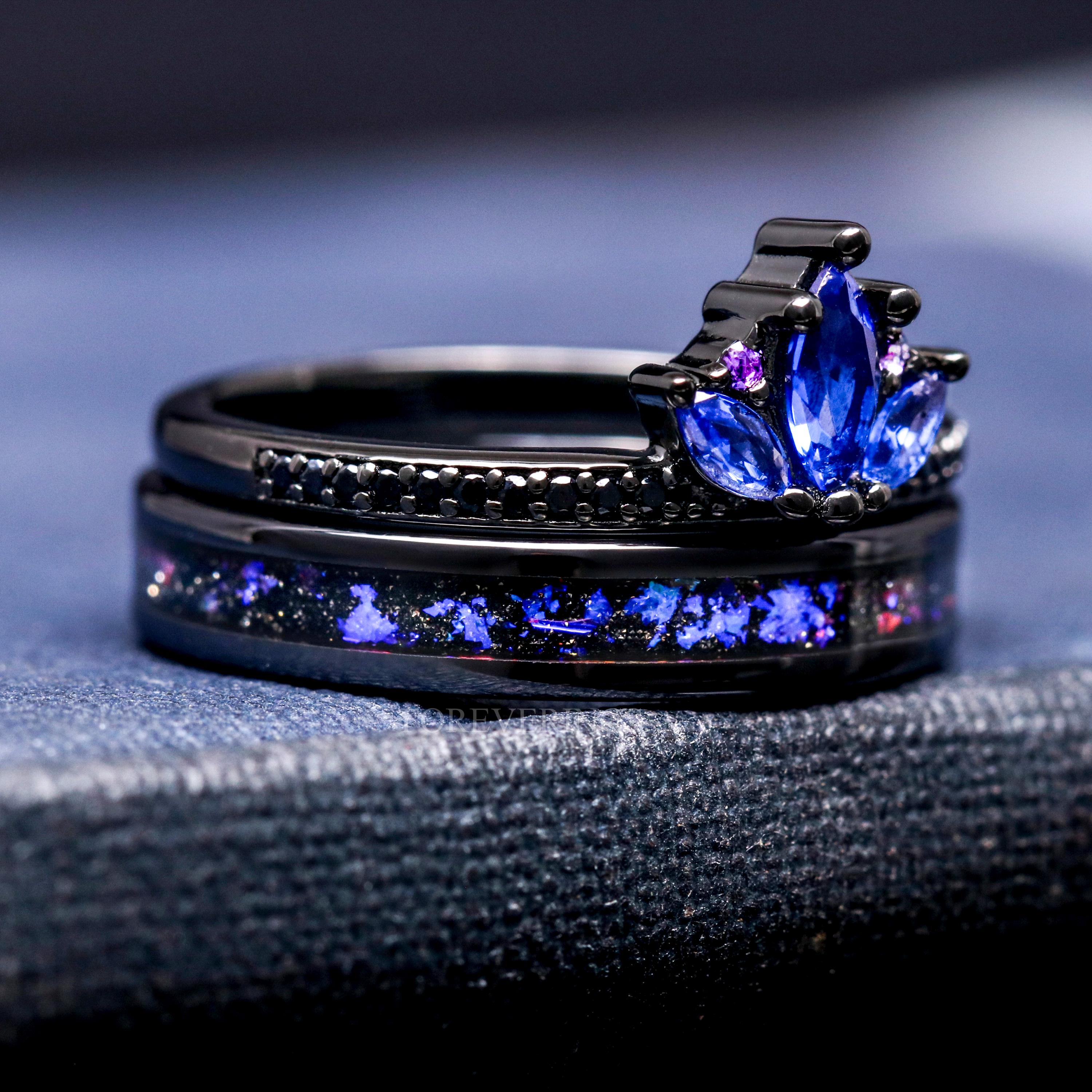Blue Lotus Orion Nebula Engagement Ring Set – Unique Space Wedding