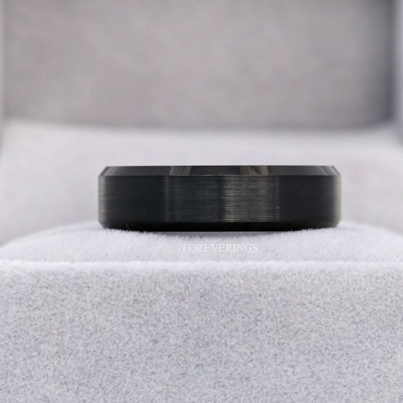 His and Hers Tungsten Wedding Band Set, 4mm, 6mm, Black Ring, Mens Womens Ring, Comfort Fit, Matte, Couples Ring, Beveled image 8