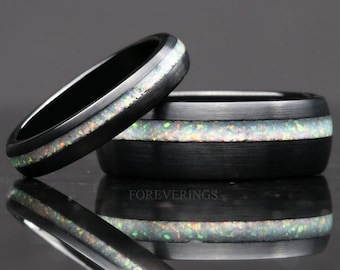 His and Hers Tungsten Wedding Band, Crushed White Fire Opal Ring, 8mm & 4mm Black Tungsten Ring Set, Couples Ring, Brush, Dome, Comfort Fit