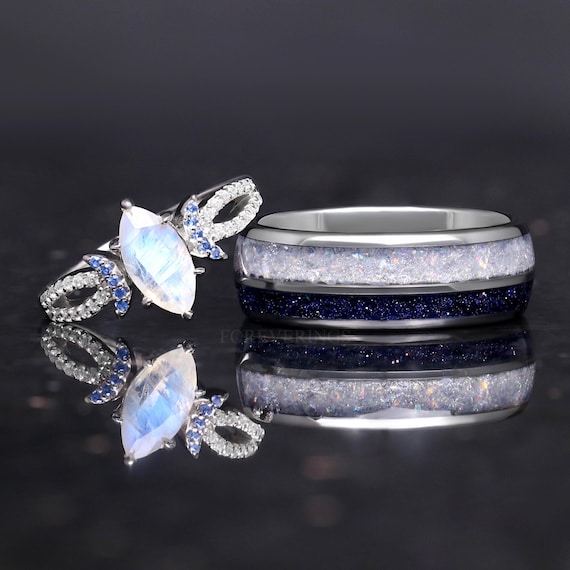 Lunara Moonstone Ring Set, His and Her Wedding Ring, Unique