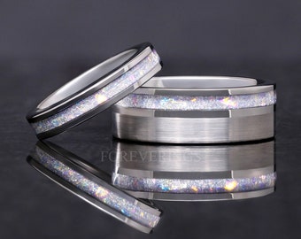 His and Her Moonstone Ring Set, Silver Tungsten Wedding Band, 8mm & 4mm Crushed Moonstone Ring Set, Matching Couple Nebula Ring, Engraving