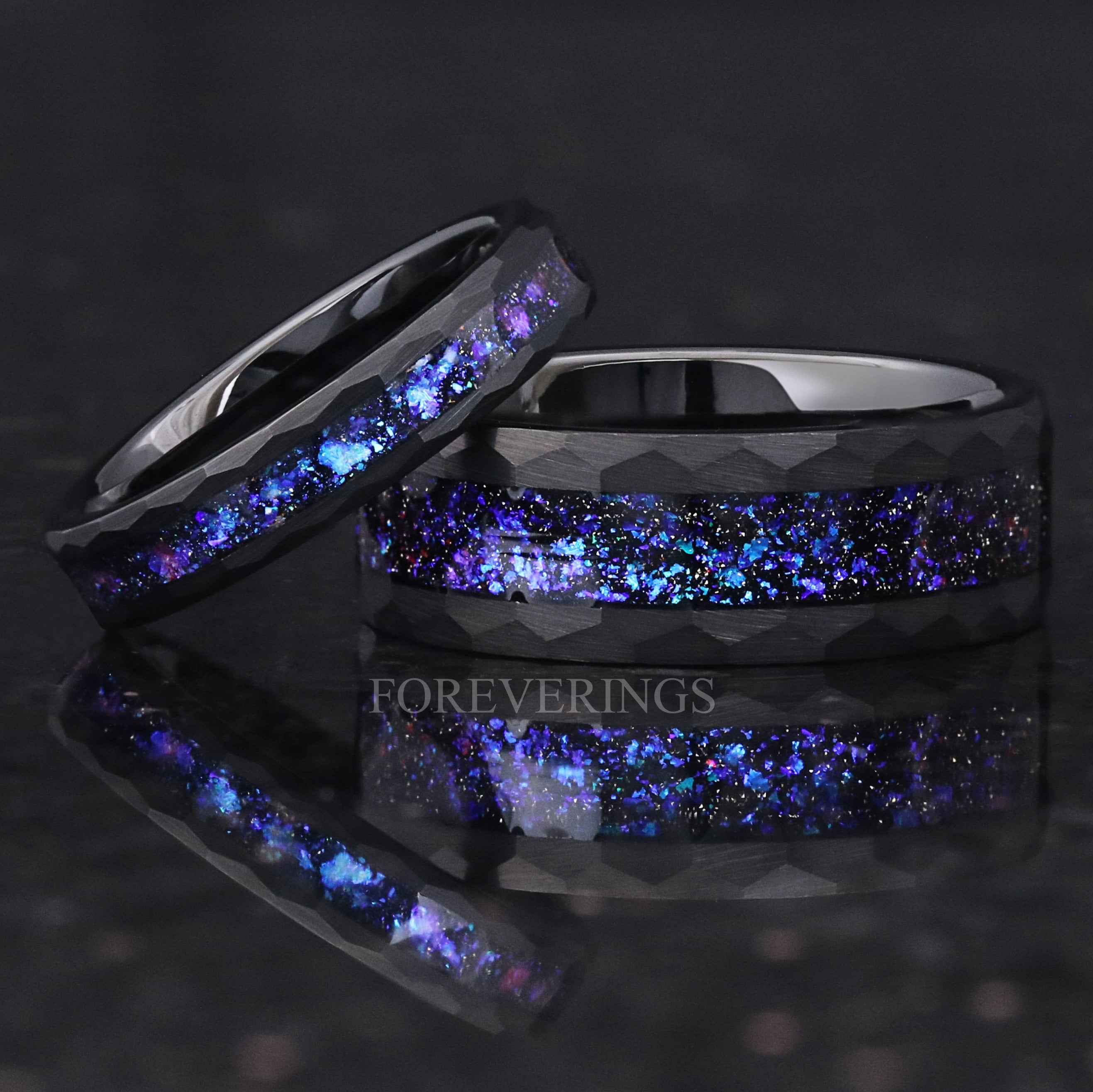 Orion Nebula Ring Set Hammered, His and Her Wedding Band, Black