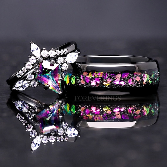 His and Her Mystic Topaz Galaxy Ring Set, Cass Supernova, Black