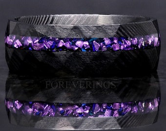 Black Damascus Ring Man, Crab Nebula Ring, Alexandrite Wedding Band, 8mm Facet Hammer Ring, Purple Space Ring, Steel, Unique, Ring Engraving