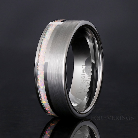 Mens Opal Ring, White Fire Opal Wedding Band, 8mm Brushed Flat