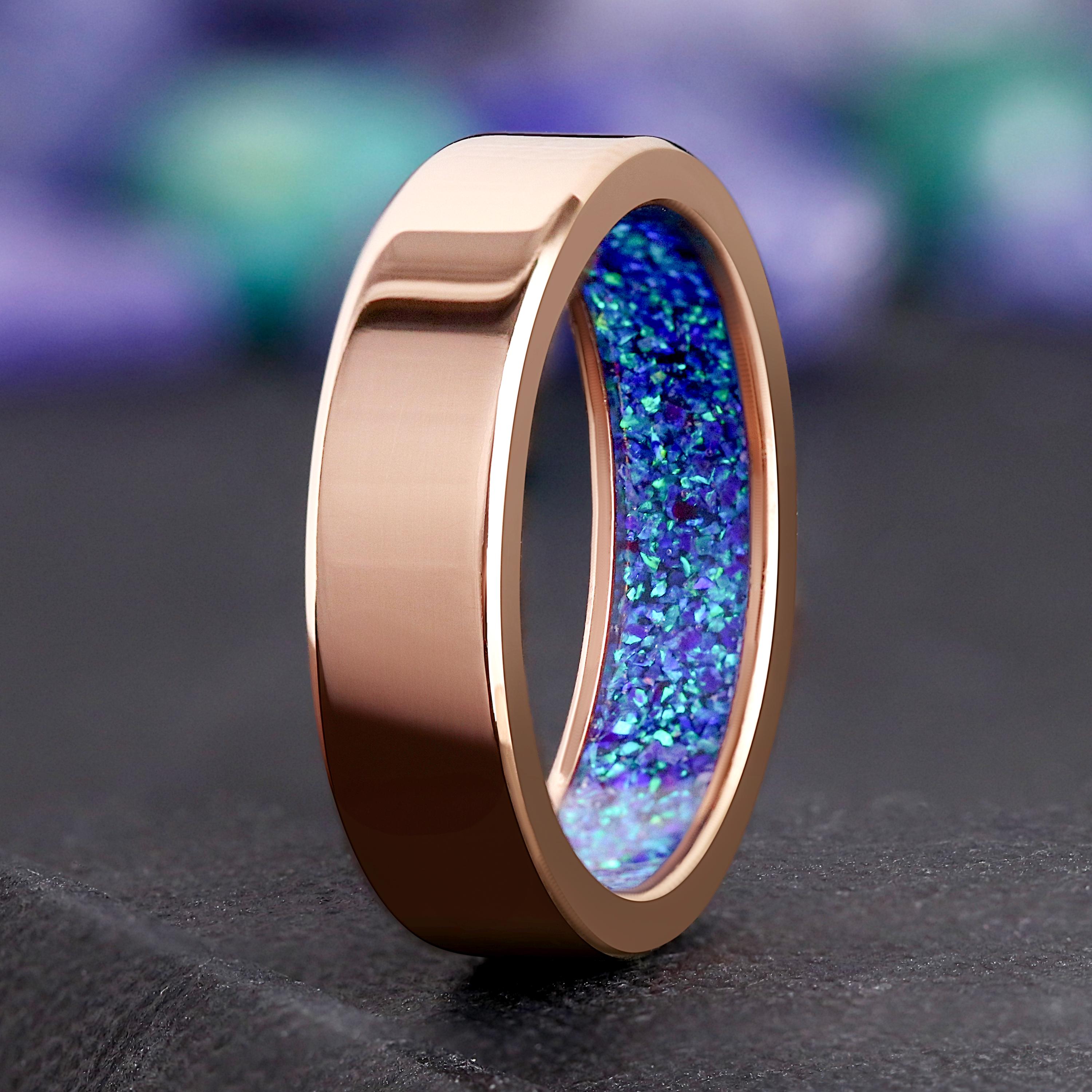 Titanium Hidden Opal Mens Ring - 6mm Rose Gold Wedding Band, Flat