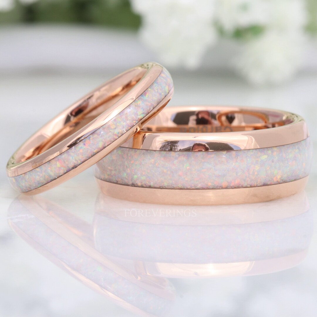 His and Hers Tungsten Wedding Band, Crushed White Fire Opal Ring, 8mm & 4mm  Rose Gold Ring Set, Couples Ring, Polish, Dome, Comfort Fit - Etsy