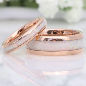 His and Hers Tungsten Wedding Band, Crushed White Fire Opal Ring, 8mm & 4mm Rose Gold Ring Set, Couples Ring, Polish, Dome, Comfort Fit