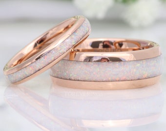 His and Hers Tungsten Wedding Band, Crushed White Fire Opal Ring, 8mm & 4mm Rose Gold Ring Set, Couples Ring, Polish, Dome, Comfort Fit