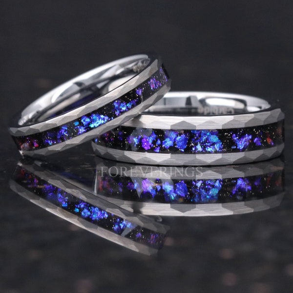 Orion Nebula Ring Set Hammered, His and Hers Wedding Band, 6mm & 4mm Silver Tungsten Ring Set, Matching Couples Ring, Flat Brush Hammer Ring