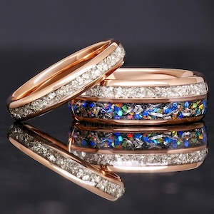 Couples Galaxy Opal Band, Genuine Meteorite, His and Her Rose Gold Tungsten Ring Set, Matching Wedding Ring, Dome, Polish, Ring Engraving