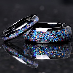 Galaxy Rainbow Opal Couples Rings, 8mm & 6mm Black Ring Set