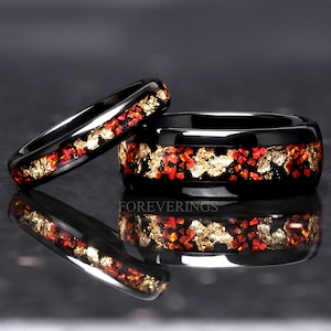 Red Opal and Gold Leaf Ring Set, His and Hers Tungsten Wedding Band, 8mm & 4mm Black Ring Set, Couples Ring, Polish, Dome, Comfort Fit