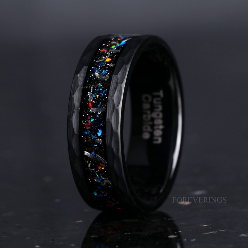 Galaxy Opal and Meteorite Wedding Band 8mm Black Tungsten image 1