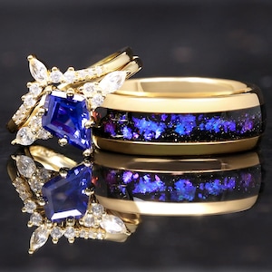 Orion Nebula Couples Ring Set Gold, His and Her Wedding Band, Sapphire Kite Engagement Ring Set, Matching Blue Nebula Ring, Outer Space Ring