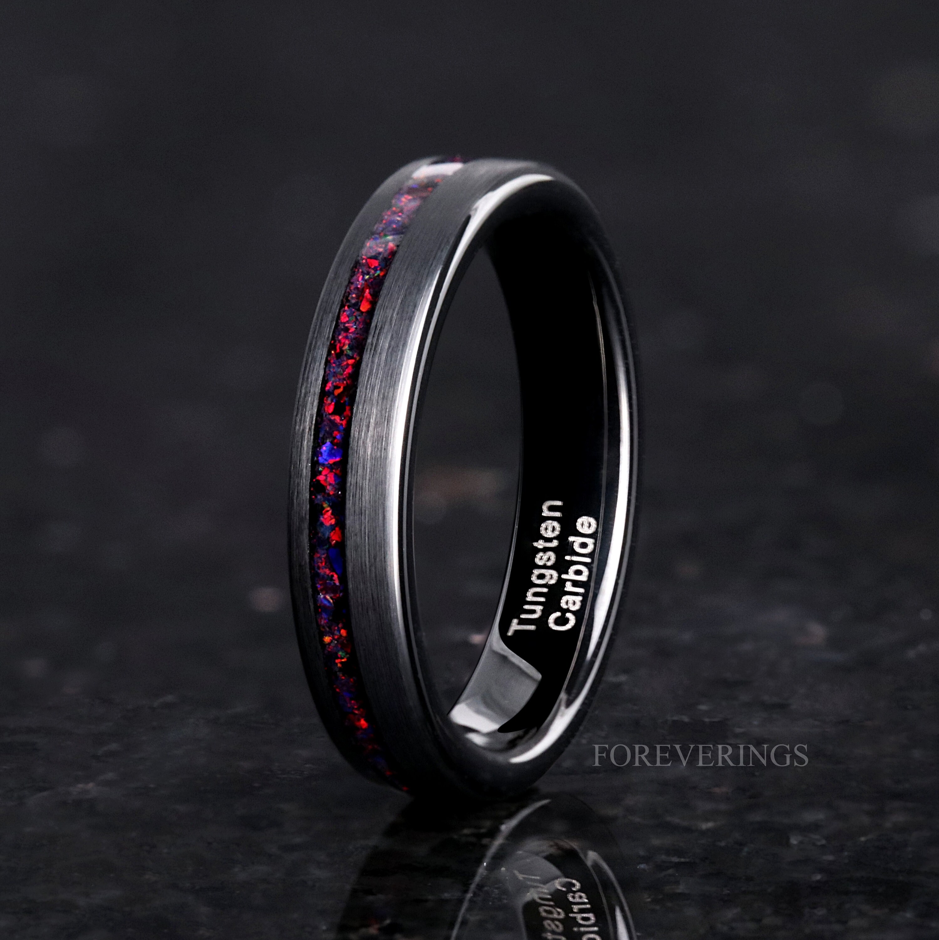 Crushed Black Fire Opal Ring 4mm Tungsten Wedding Band