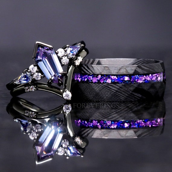 His and Her Alexandrite Galaxy Ring Set, Crab Nebula Alternative