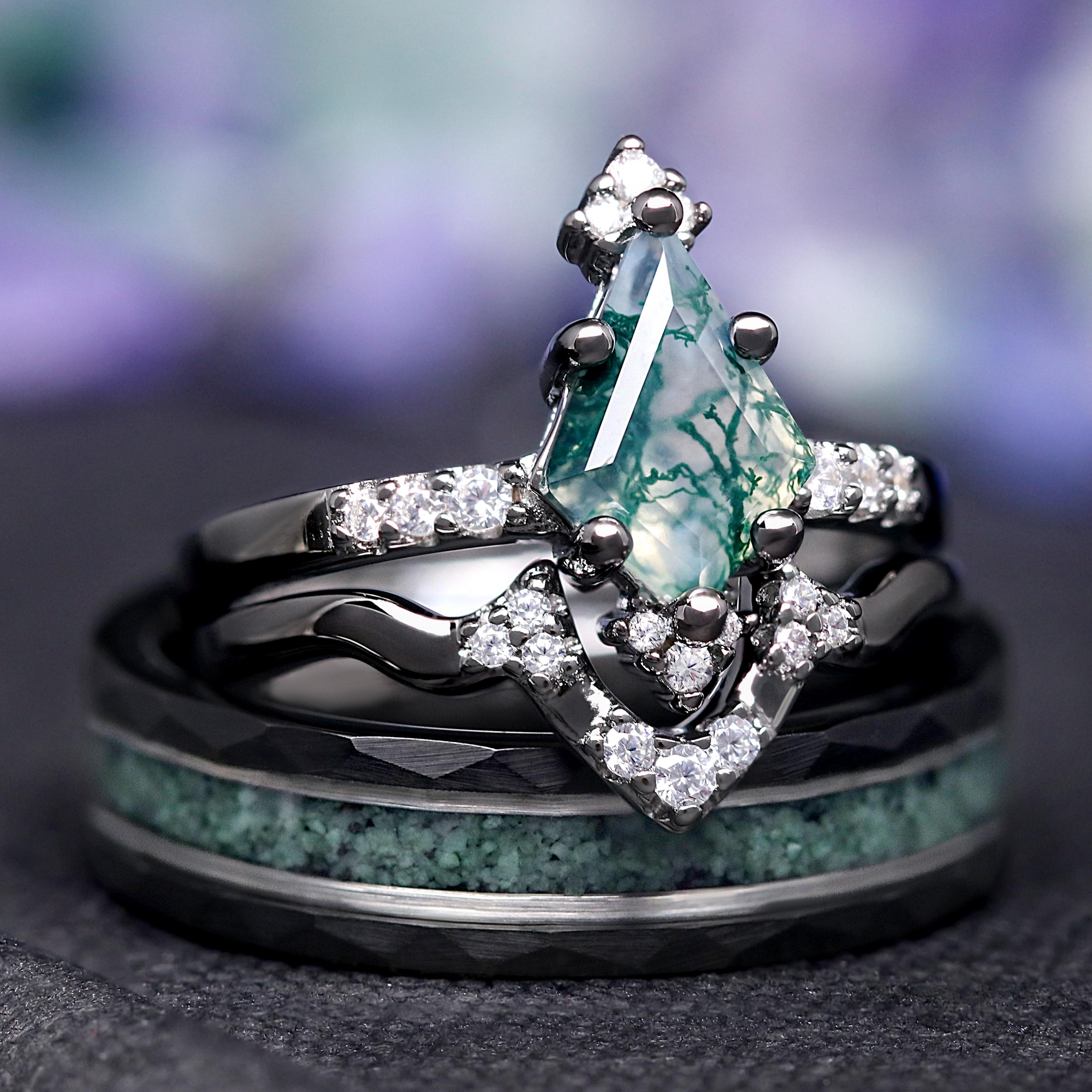 Weaver Moss Agate Couples Ring Set, His and Hers Wedding Band Set
