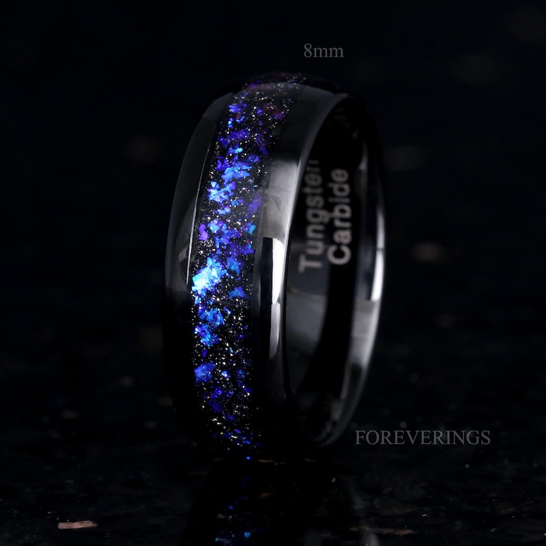 Orion Nebula Ring Set, His and Her Tungsten Wedding Band, 8mm & 4mm Black Ring, Outer Space Couples Ring, Polish, Dome, Comfort Fit image 3