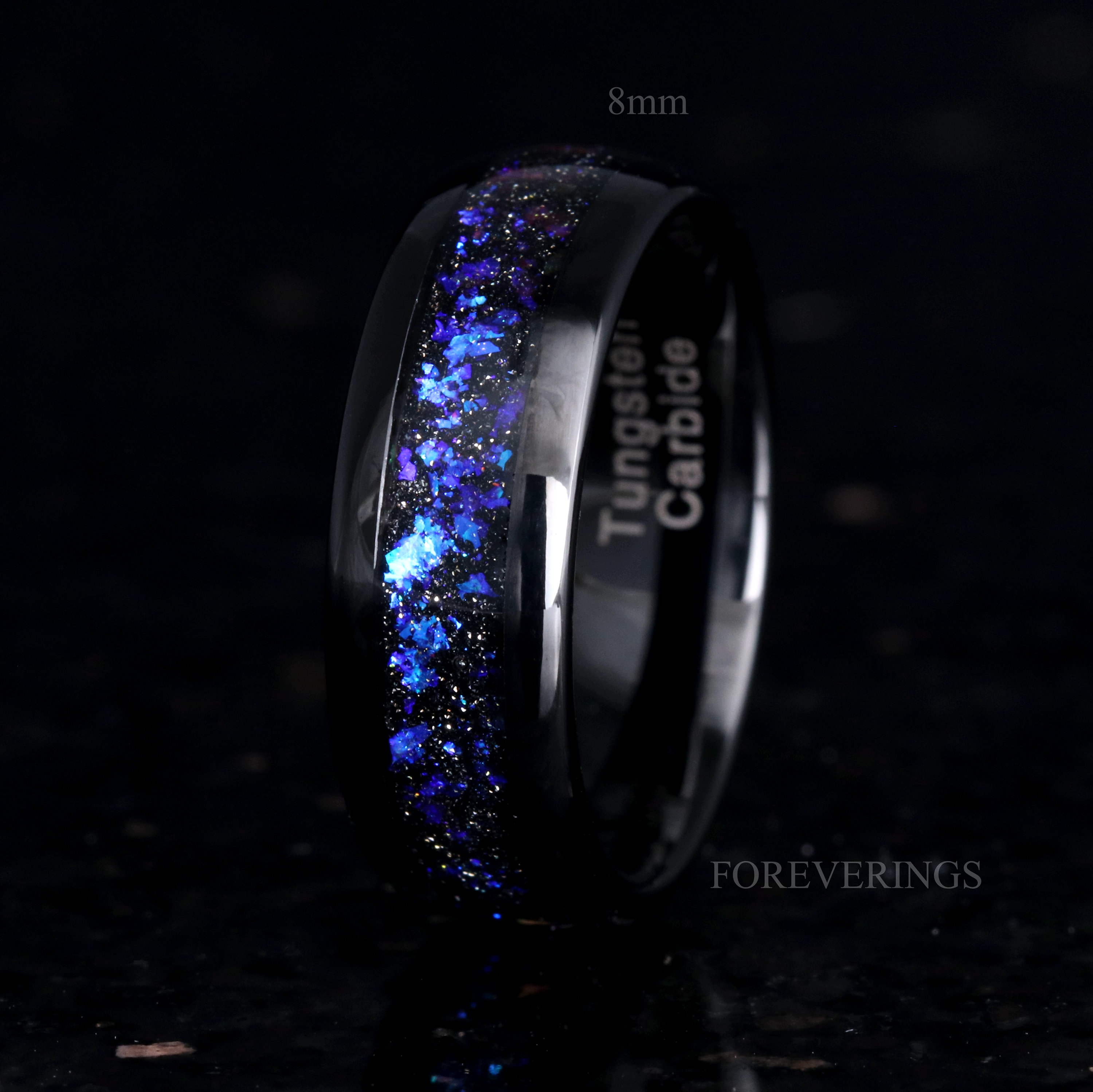 Anello In Tungsteno 8mm Uomo Donna Con Galassia E Opale Blu – Fede Fidanzamento TUTISS, Bordi Smussati