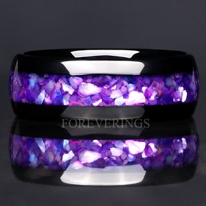 Purple Glow in the Dark Man Ring, Black Tungsten Ring, 8mm Mens Wedding Band, Polish Smooth, Unique Ring for Him, Ring Engraving