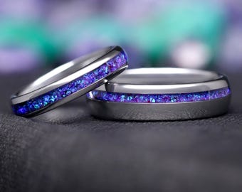 Borealis Opal Wedding Band Set, His and Hers Fire Opal Ring Set, Silver Tungsten Ring, Crushed Opal, 6mm & 4mm Matching Promise Ring, Offset