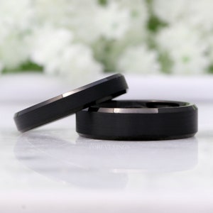 His and Hers Tungsten Wedding Band Set, 4mm, 6mm, Black Ring, Mens Womens Ring, Comfort Fit, Matte, Couples Ring, Beveled image 1