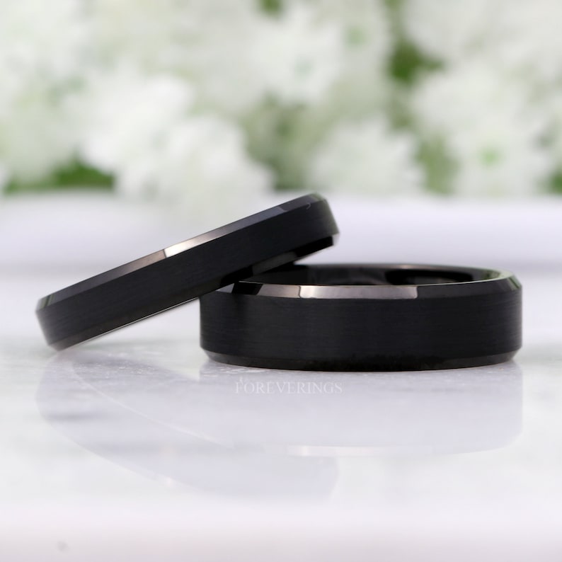His and Hers Tungsten Wedding Band Set, 4mm, 6mm, Black Ring, Mens Womens Ring, Comfort Fit, Matte, Couples shops Ring, Beveled
