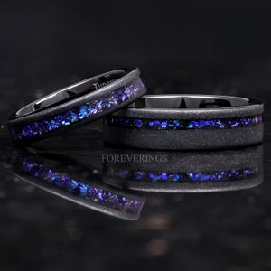Orion Nebula Ring Set, His and Hers Tungsten Wedding Band, 6mm & 4mm Black Ring, Outer Space Couples Ring, Sandblasted, Flat, Comfort Fit