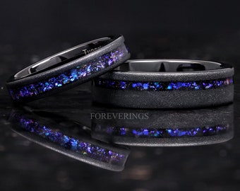 Orion Nebula Ring Set, His and Hers Tungsten Wedding Band, 6mm & 4mm Black Ring, Outer Space Couples Ring, Sandblasted, Flat, Comfort Fit