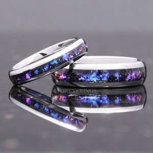 Orion Nebula Ring Set, His and Her Tungsten Wedding Band, 6mm & 4mm Silver Ring, Outer Space Couples Ring, Polish, Dome, Comfort Fit