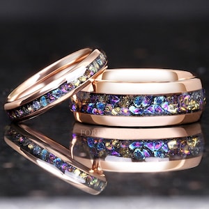 Conjunto de anillos Veil Nebula, alianzas de boda de tungsteno para él y para ella, anillos de oro rosa de 8 mm y 4 mm, conjunto de anillos para parejas con temática espacial, acabado pulido, forma abovedada, ajuste cómodo.
