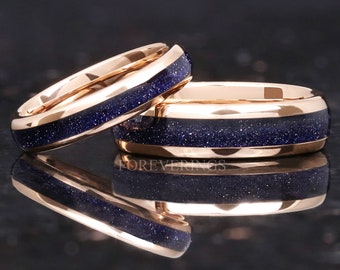 Great Rift Nebula Ring Set, His and Hers Tungsten Wedding Band, 6mm & 4mm Rose Gold Plated Ring, Outer Space Couples Ring, Dome, Sandstone