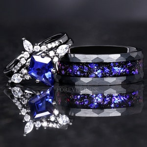 Orion Nebula Ring Set, His and Hers Wedding Band, Sapphire, Black Gold Filled Ring, Outer Space Couples Ring Set, Tungsten and 925 Silver