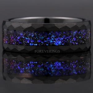 Orion Nebula Ring Hammered, 8mm-6mm-4mm Black Tungsten Outer Space Ring, Men Woman Wedding Band, Flat Brush Hammer, Blue Nebula Ring