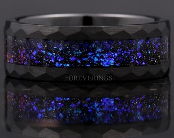 Orion Nebula Ring Hammered, 8mm-6mm-4mm Black Tungsten Outer Space Ring, Men Woman Wedding Band, Flat Brush Hammer, Blue Nebula Ring