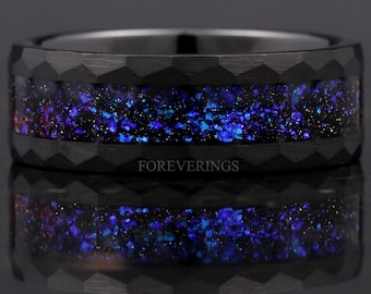 Orion Nebula Ring Hammer, Black Tungsten Outer Space Ring, 8mm-6mm-4mm, Men Woman Wedding Band, Flat Brush Hammer, Blue Nebula Ring, Engrave