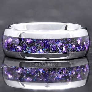 Crab Nebula Ring, Alexandrite, Silver Tungsten Outer Space Ring, 8mm-6mm-4mm Wedding Band, Dome, Polish, Purple Sandstone, Ring Engraving
