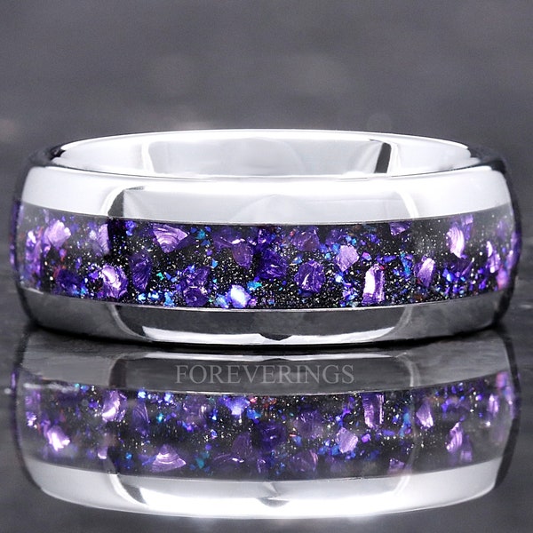 Crab Nebula Ring, 8mm-6mm-4mm Tungsten Outer Space Ring, Alexandrite Wedding Band, Silver, Dome, Polish, Comfort Fit, Birthday Anniversary