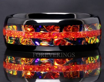 May include: Black tungsten carbide ring with a red, orange, and purple iridescent inlay and a thin red glitter stripe. "FOREVERINGS" is printed on the ring.