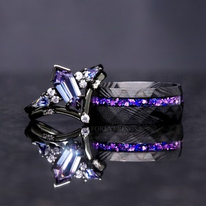 His and Her Alexandrite Galaxy Ring Set, Crab Nebula Alternative Wedding Ring Set, Couple Rings, Black Damascus Ring, Engagement Ring Set