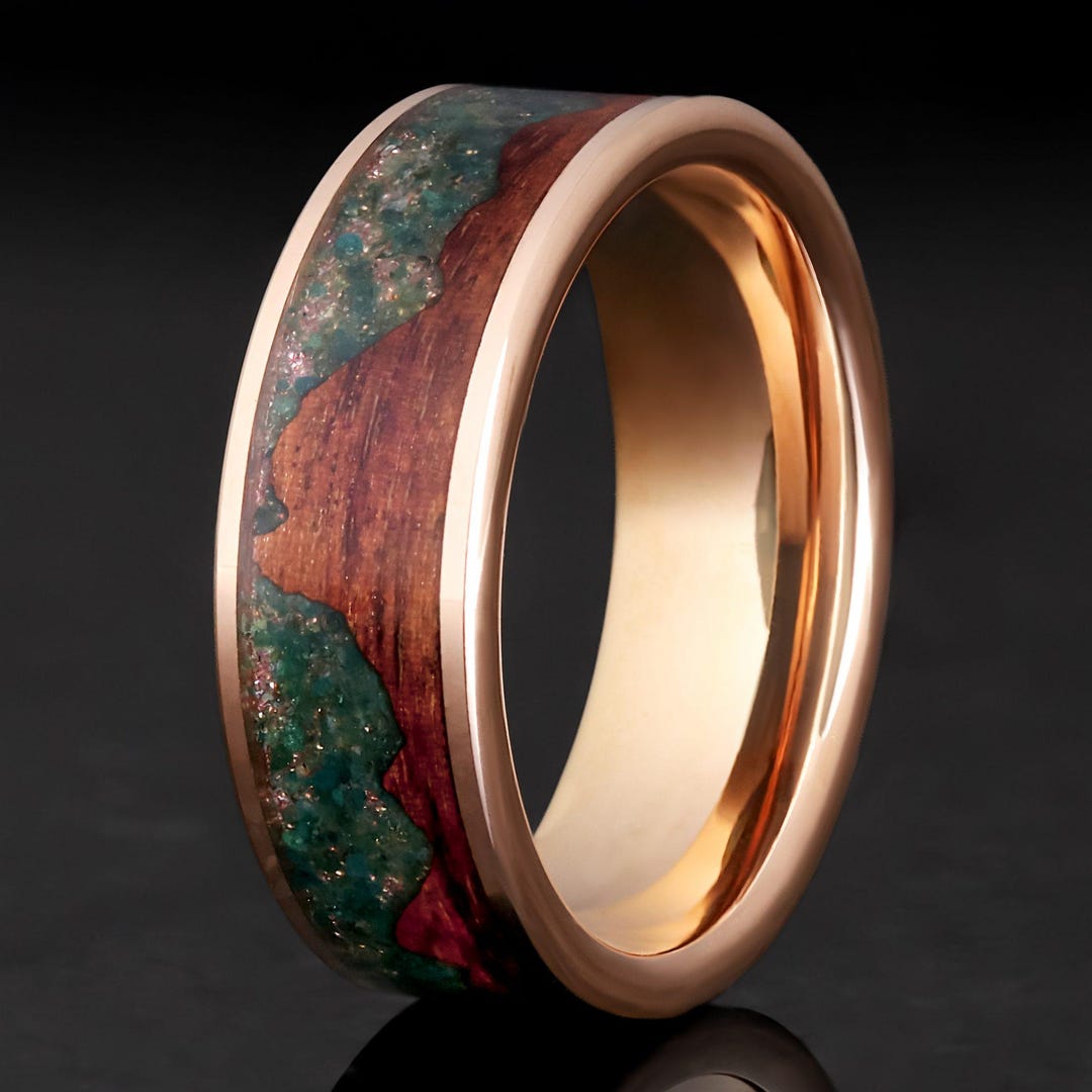 Mens Moss Agate Ring, Koa Wood Mountain Inlay Wedding Band in Rose