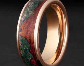 Mens Moss Agate Ring, Koa Wood Mountain Inlay Wedding Band in Rose Gold Tungsten